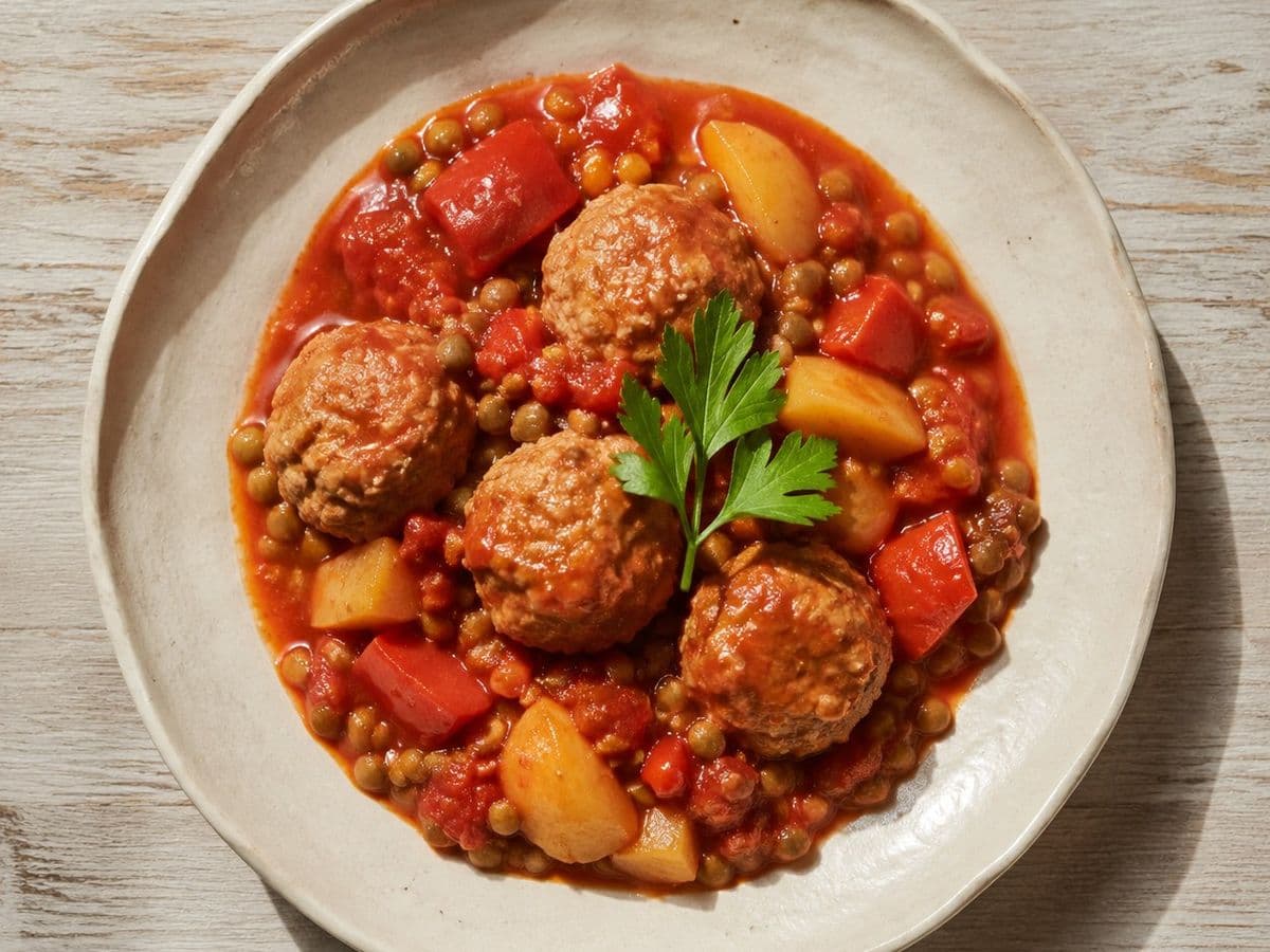 Sweet and Sour Meatballs, plated as one serving.