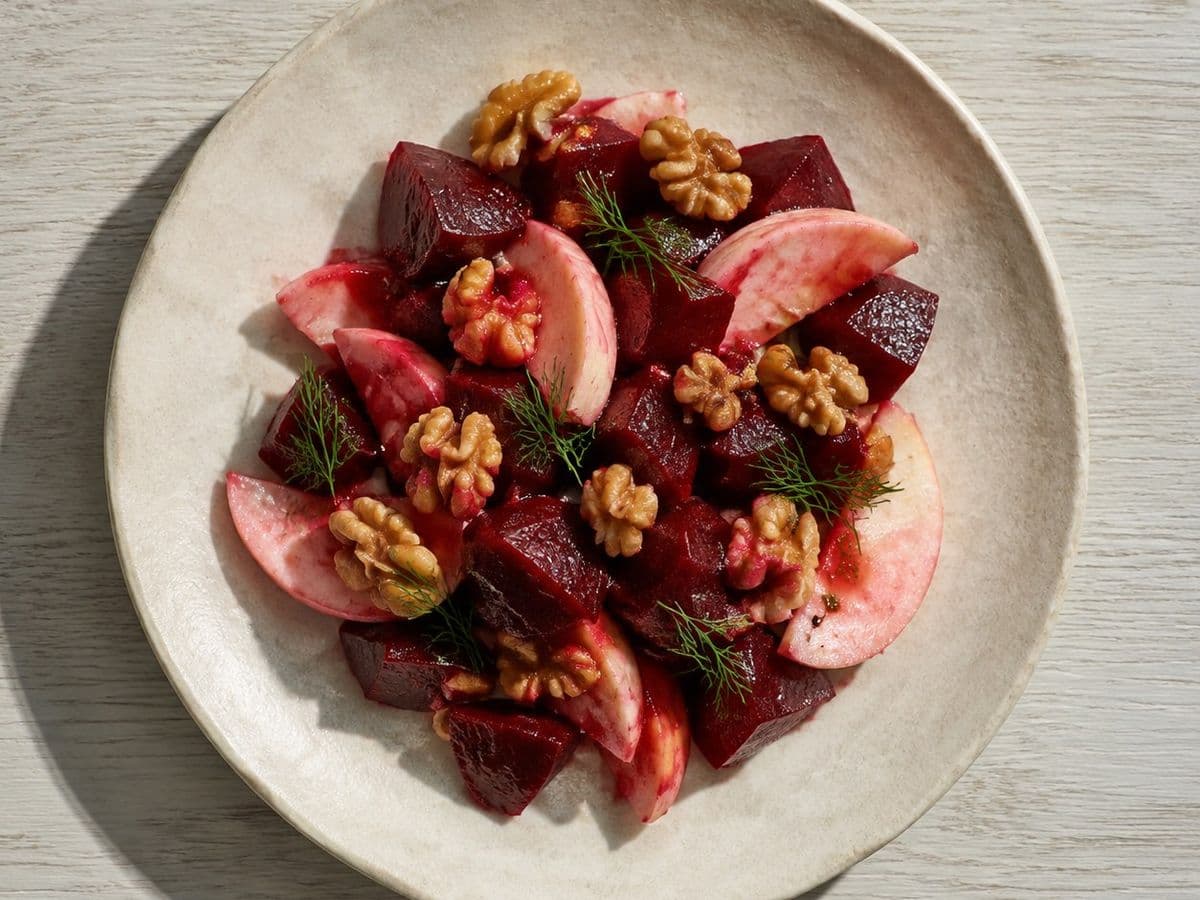 Beetroot and Walnut Salad, plated as one serving.