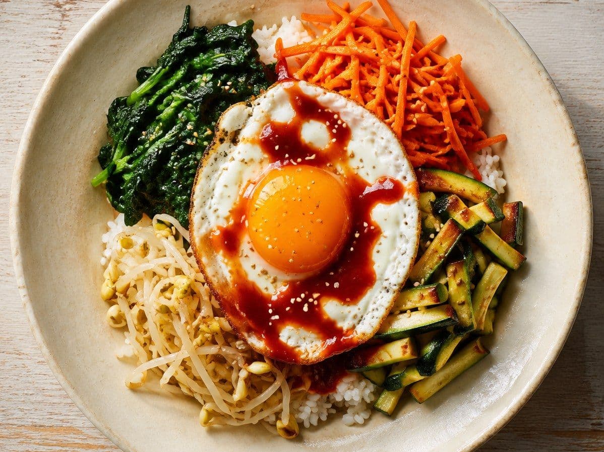 Bibimbap, plated as one serving.