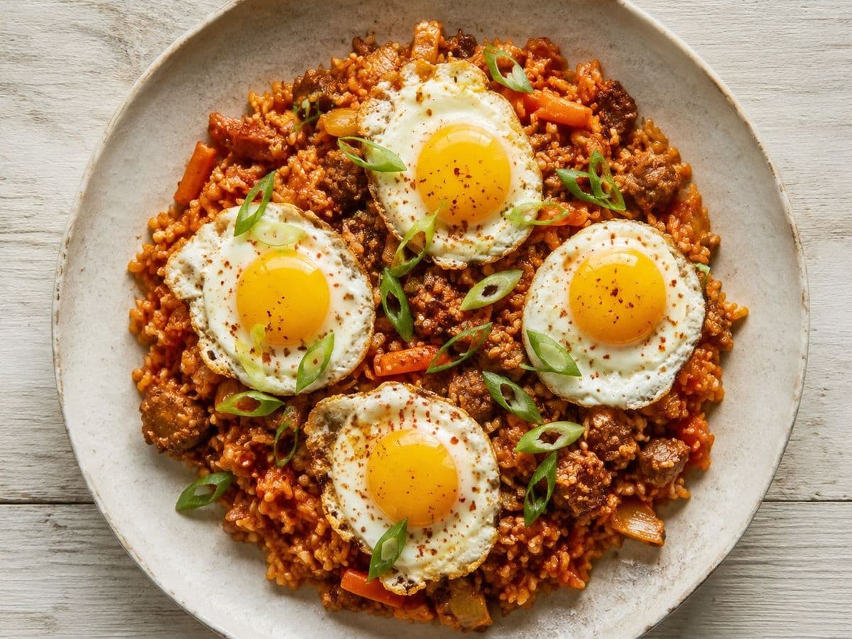 Kimchi Bokkeumbap, plated as one serving.