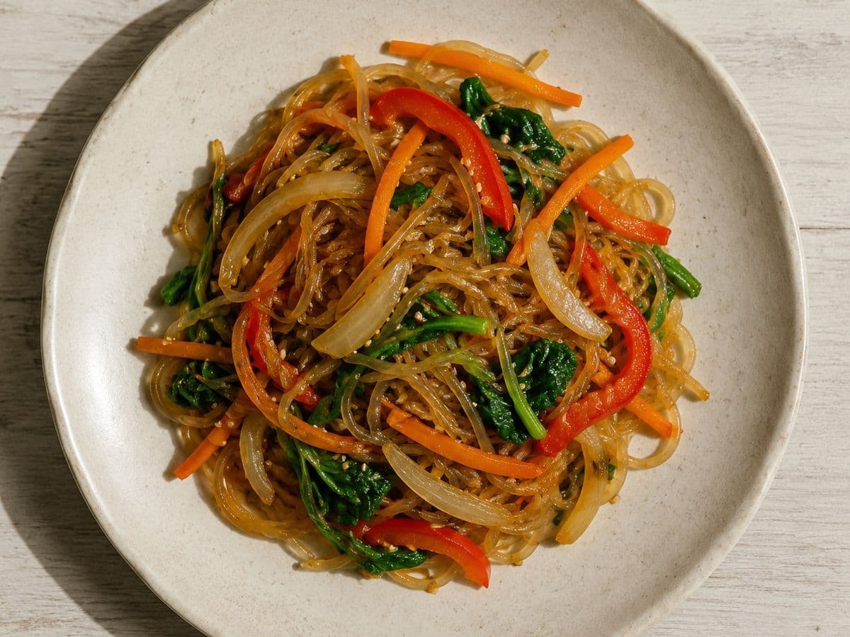 Japchae, plated as one serving.