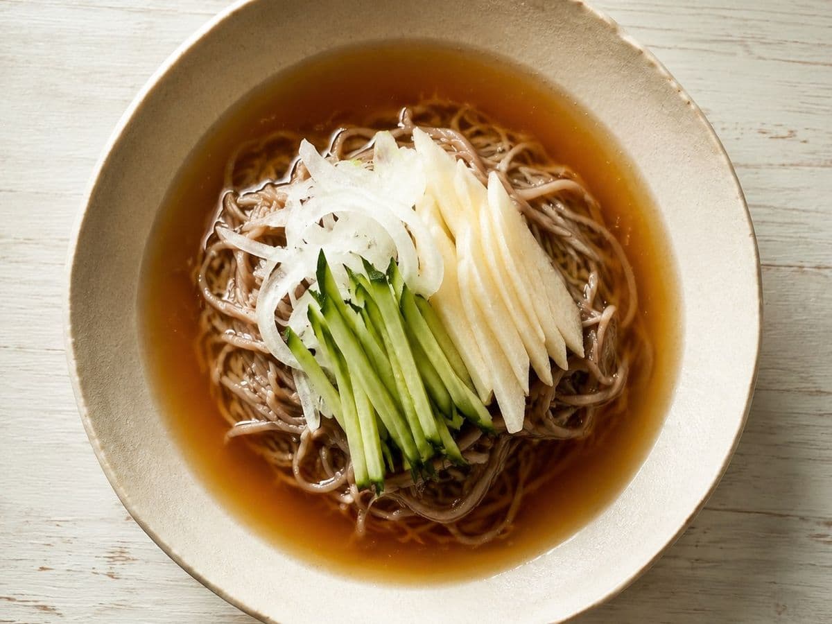 Naengmyeon, plated as one serving.