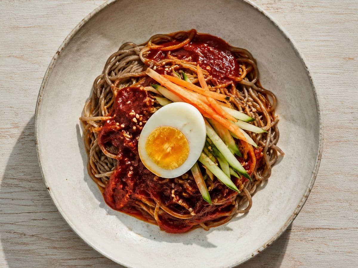 Bibim Naengmyeon, plated as one serving.