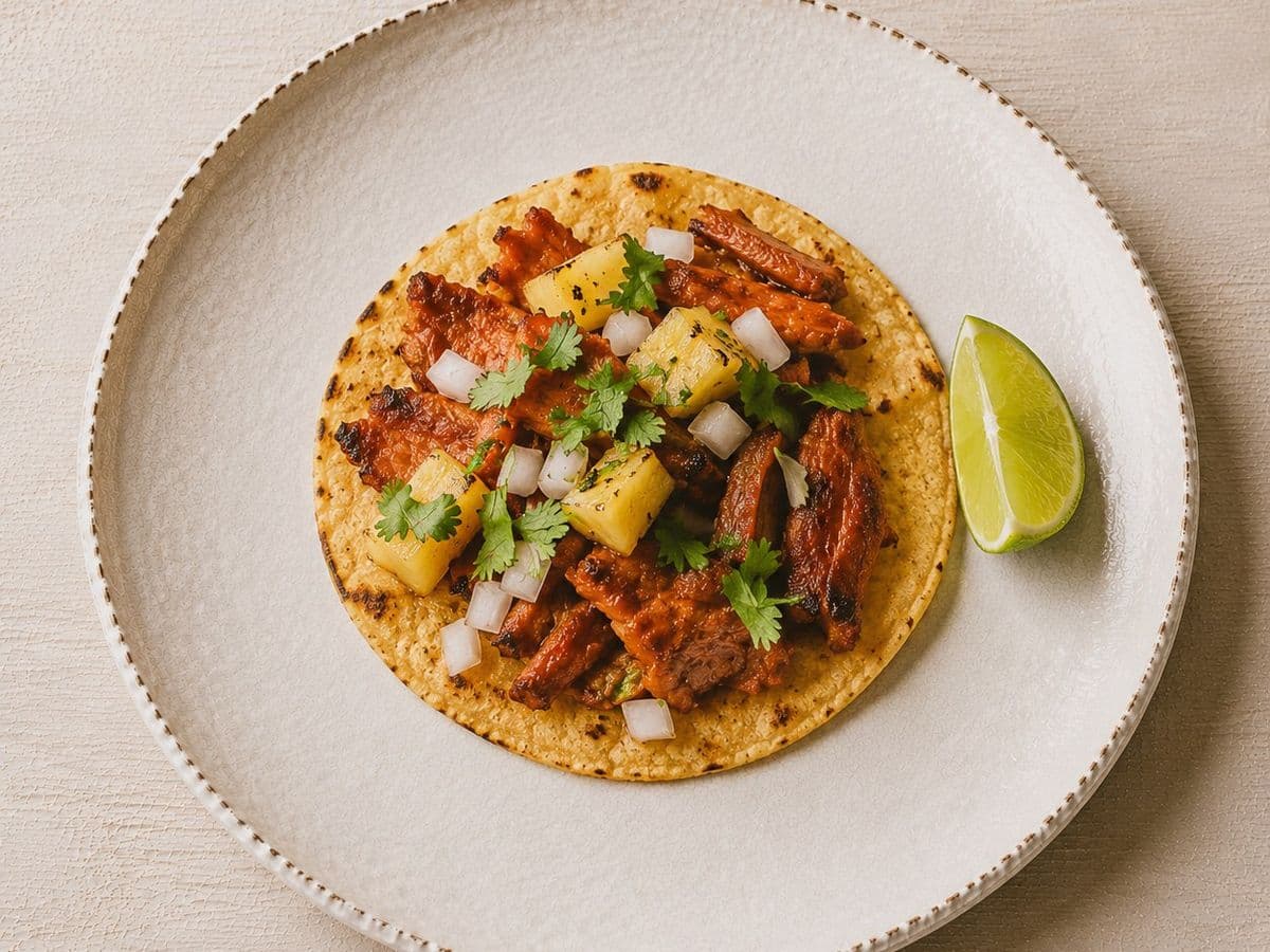 Tacos al Pastor, plated as one serving.