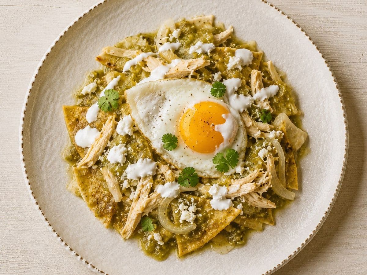 Chilaquiles Verdes, plated as one serving.