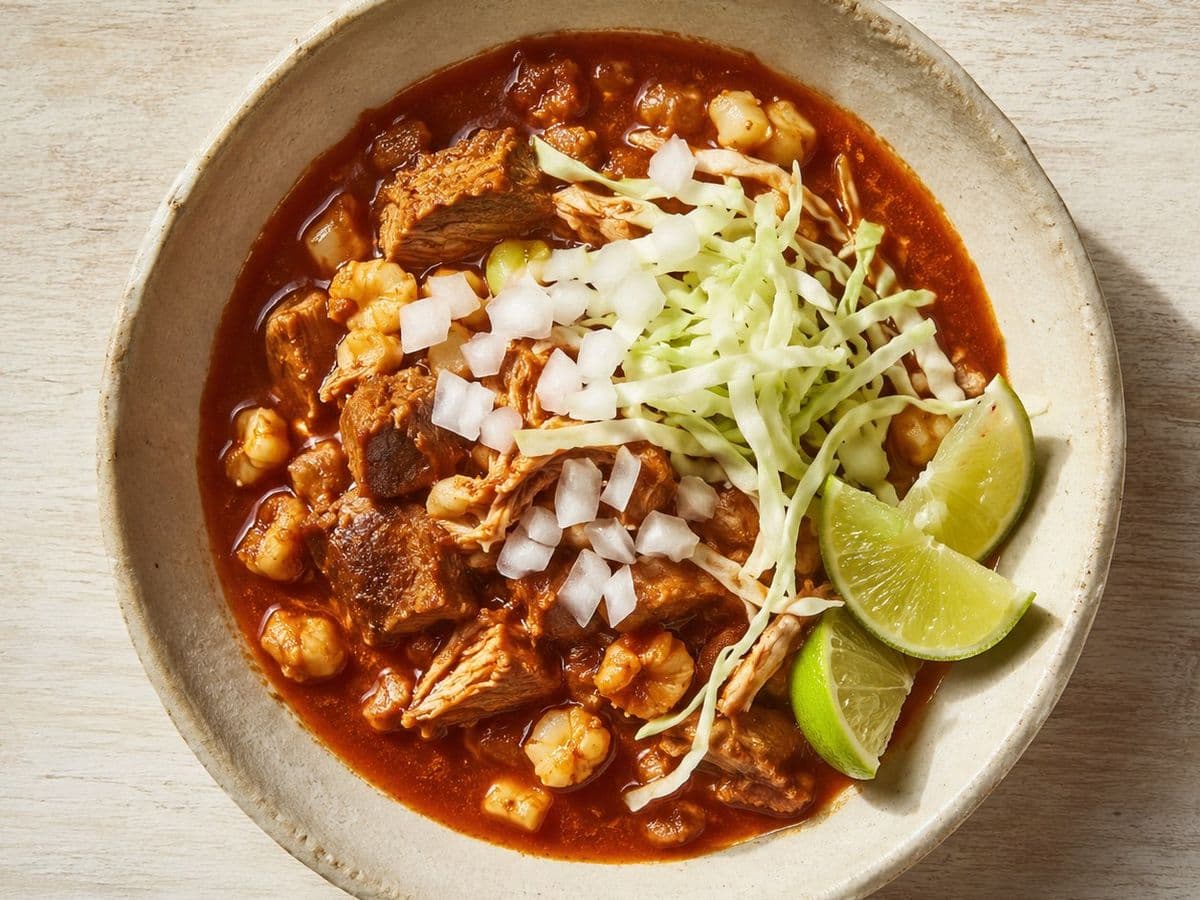 Pozole Rojo, plated as one serving.