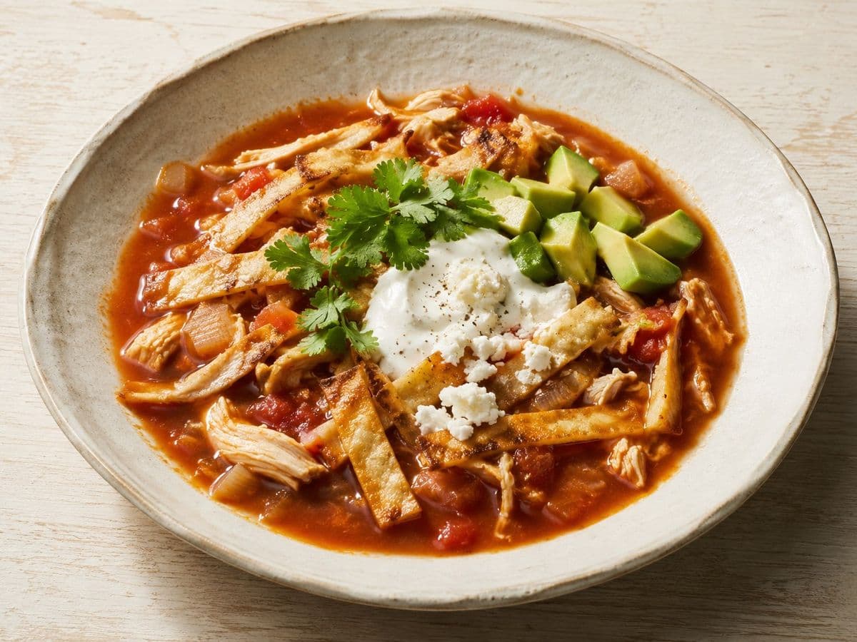Sopa de Tortilla, plated as one serving.