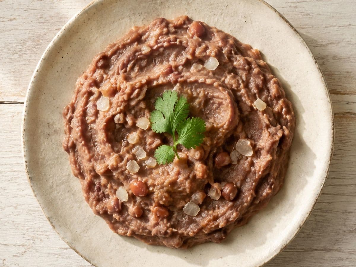 Frijoles Refritos, plated as one serving.