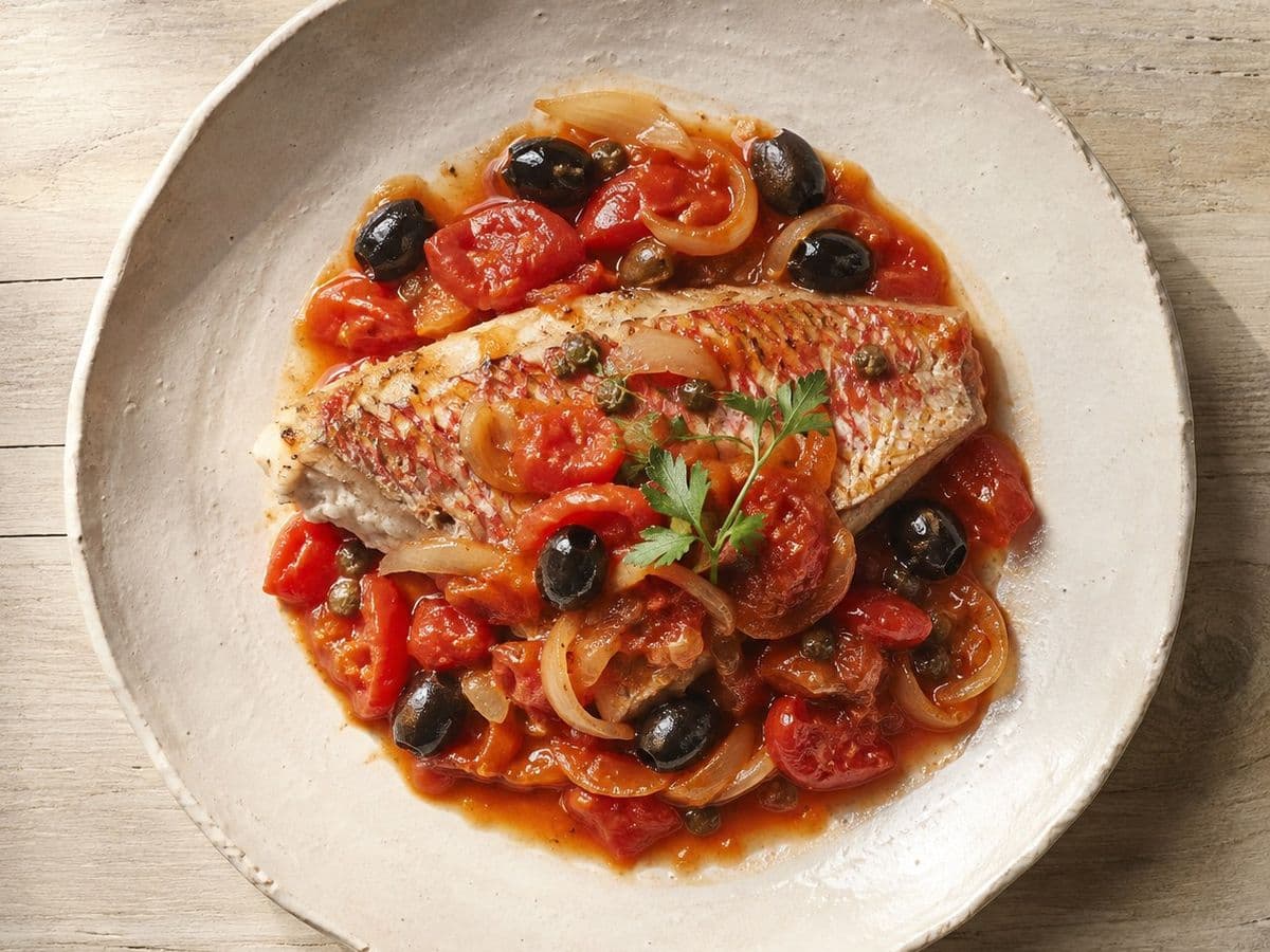 Pescado a la Veracruzana, plated as one serving.