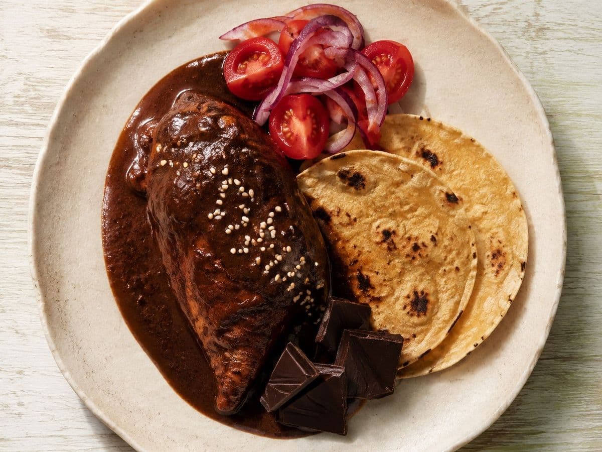 Mole Poblano, plated as one serving.