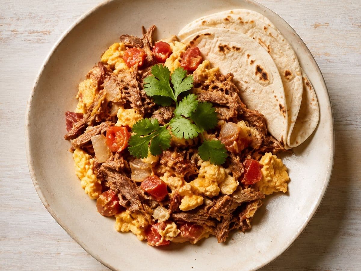 Machaca con Huevo, plated as one serving.