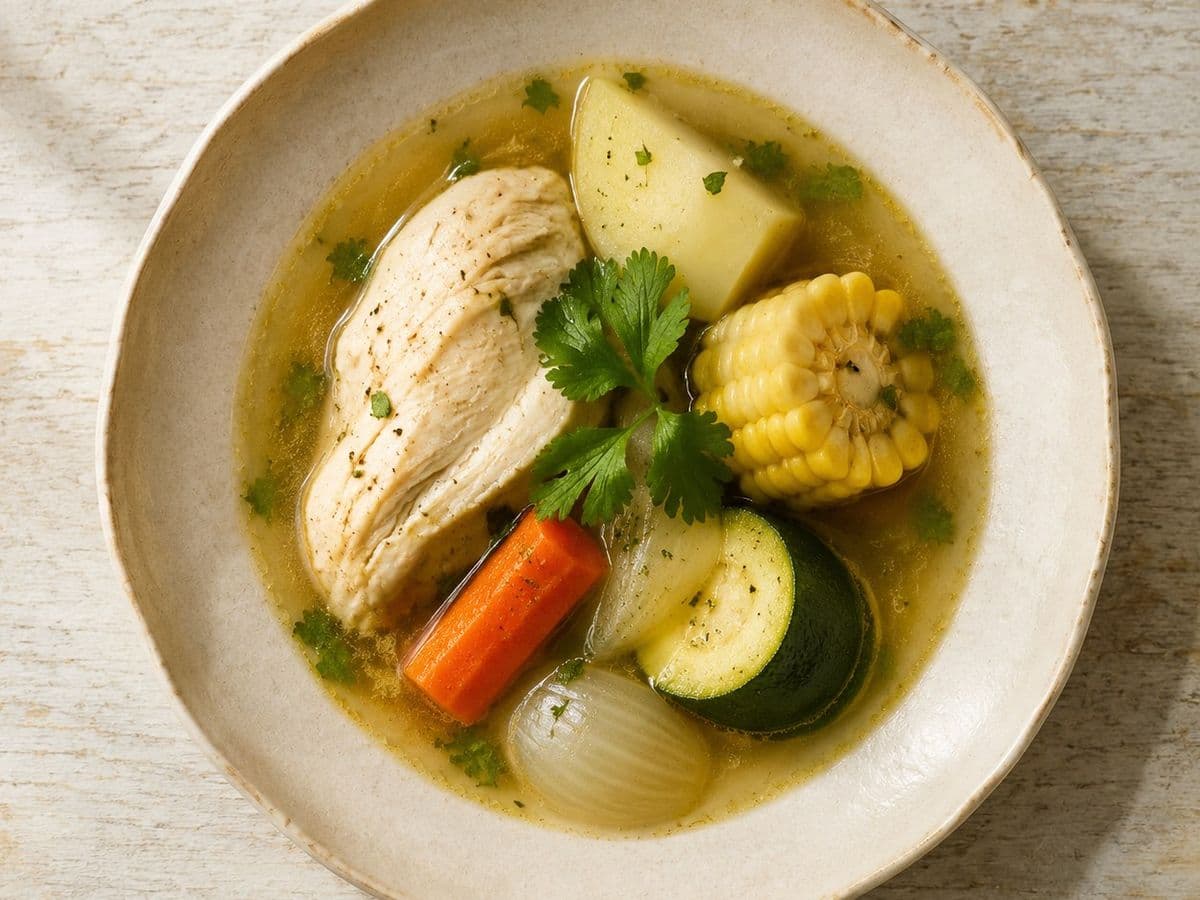 Caldo de Pollo, plated as one serving.