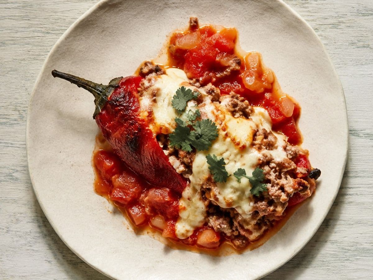 Chiles Rellenos, plated as one serving.