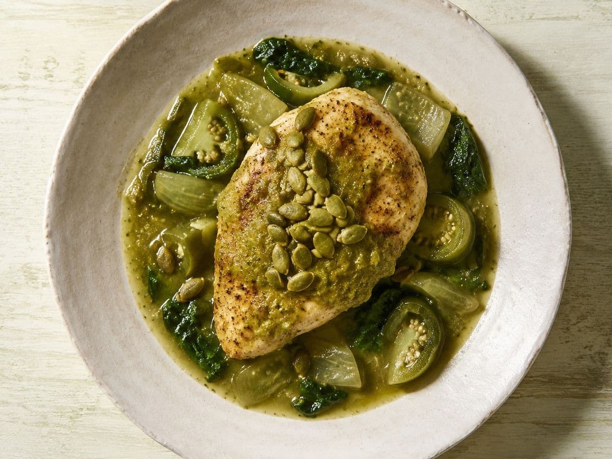Pollo con Mole Verde, plated as one serving.