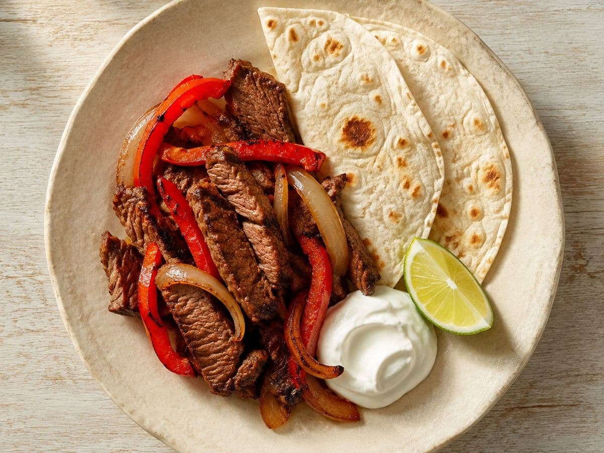 Fajitas de Res, plated as one serving.