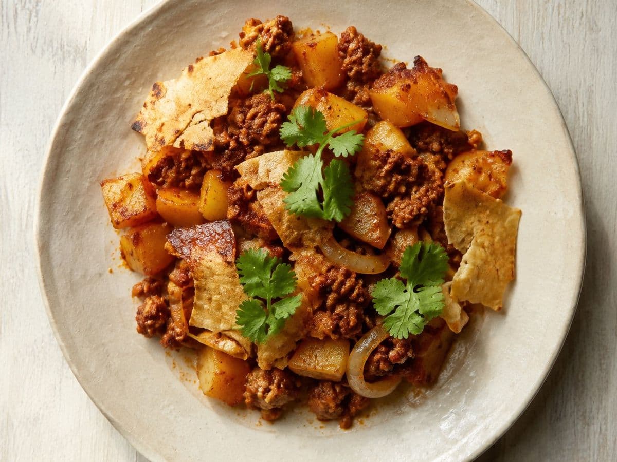 Papas con Chorizo, plated as one serving.