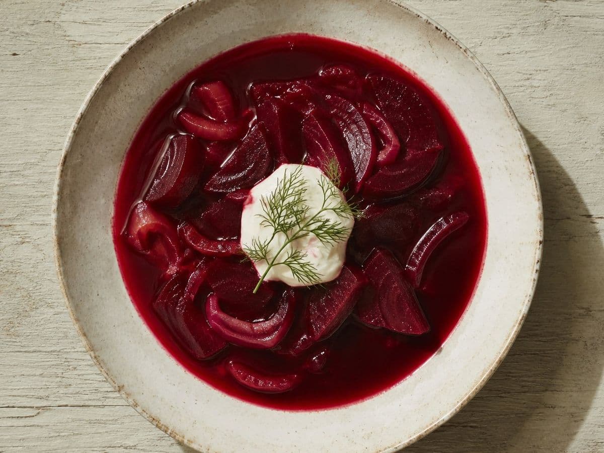 Barszcz, plated as one serving.