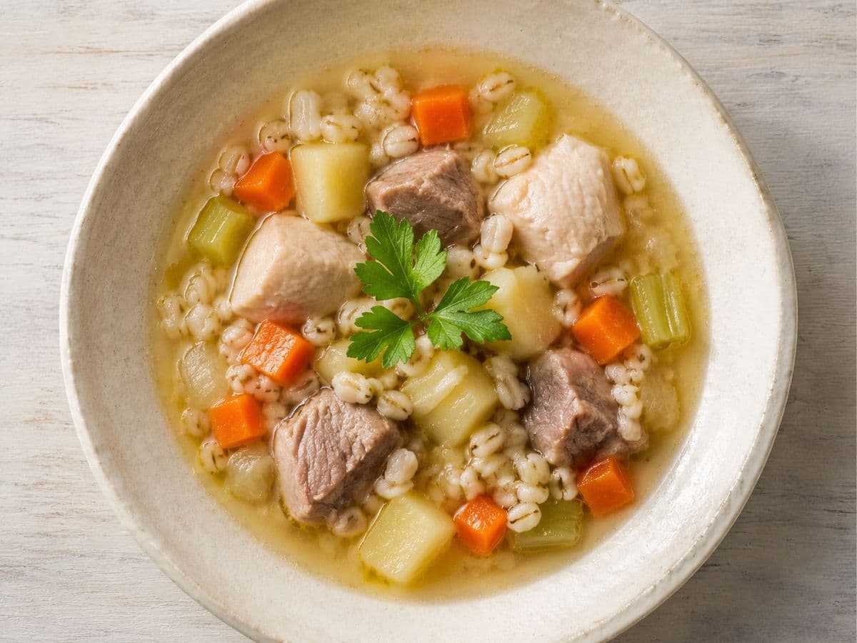 Krupnik Barley Soup, plated as one serving.