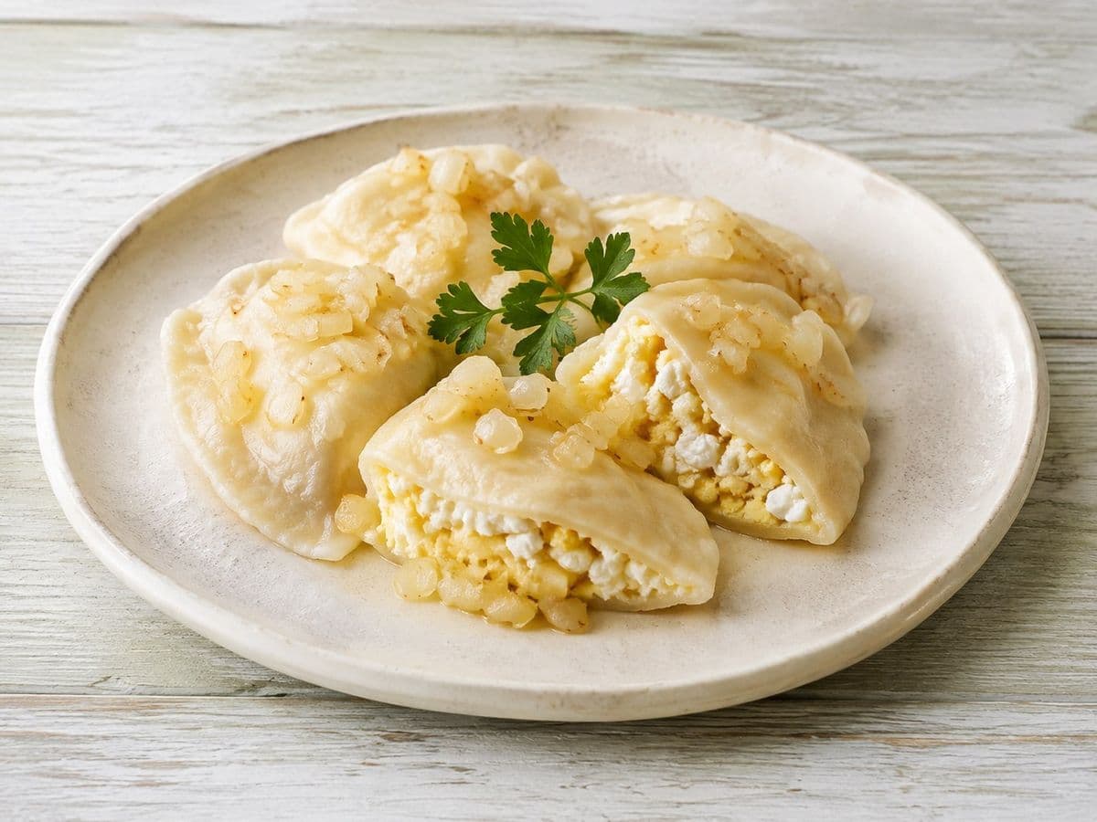 Pierogi Ruskie, plated as one serving.