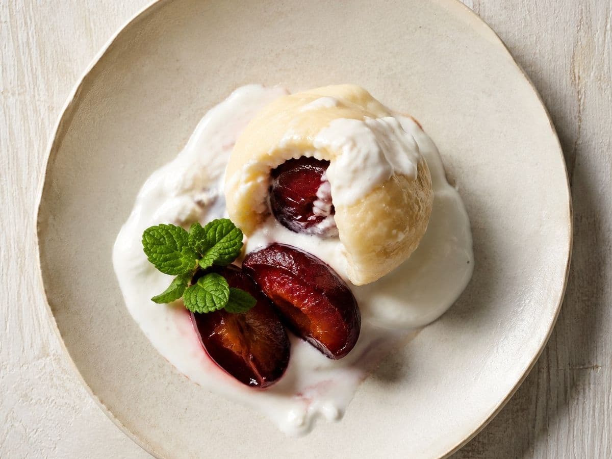 Plum Knedle, plated as one serving.