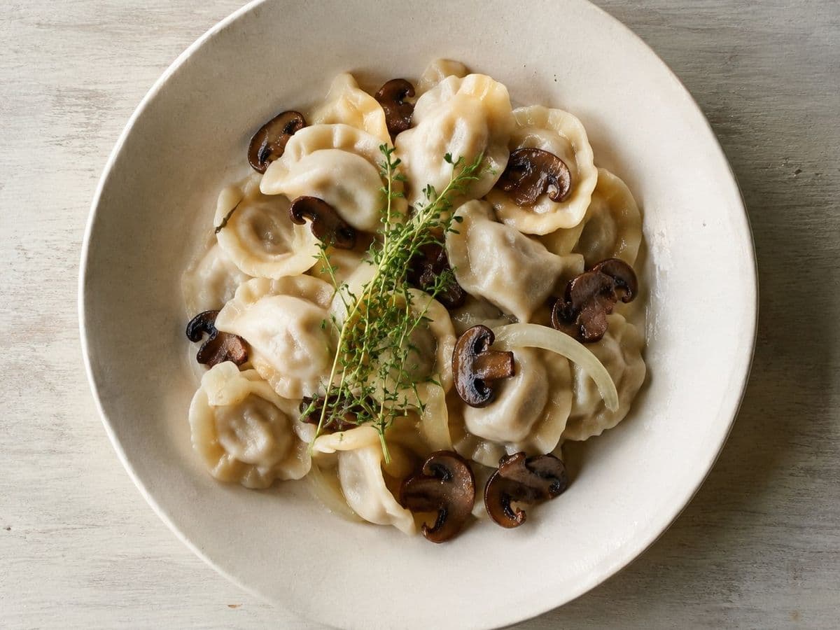 Uszka Dumplings, plated as one serving.