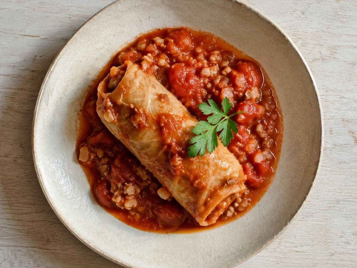 Golabki Cabbage Rolls, plated as one serving.