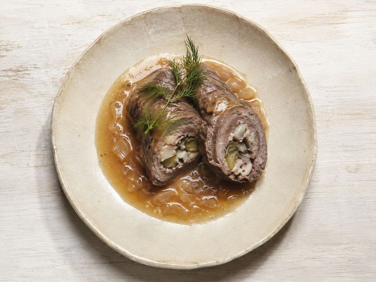 Zrazy Beef Roulades, plated as one serving.