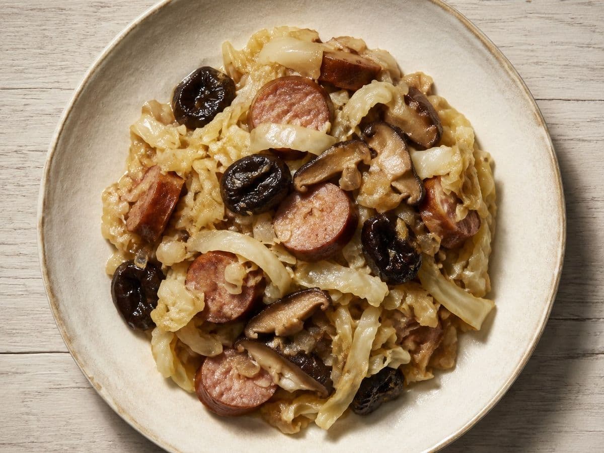 Bigos Hunter Stew, plated as one serving.