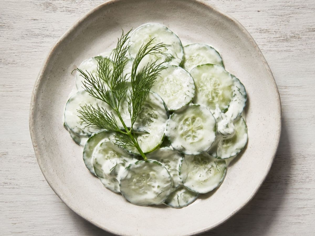 Mizeria Cucumber Salad, plated as one serving.