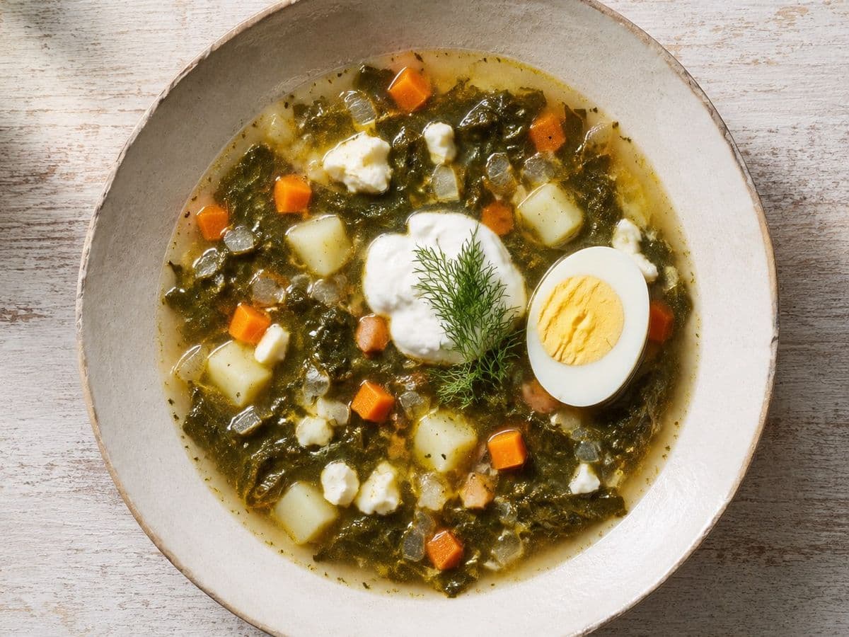 Zupa Szczawiowa Sorrel Soup, plated as one serving.