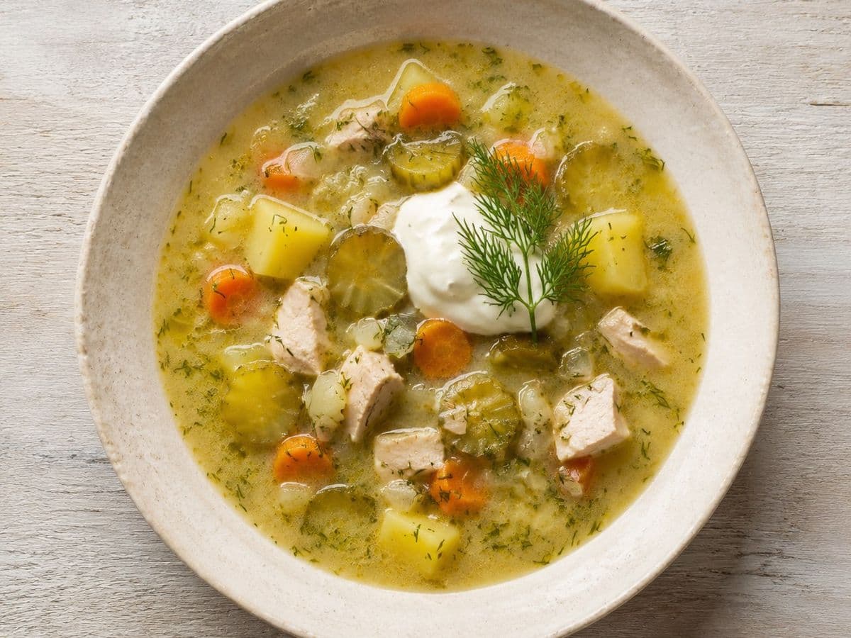 Zupa Ogorkowa Dill Pickle Soup, plated as one serving.