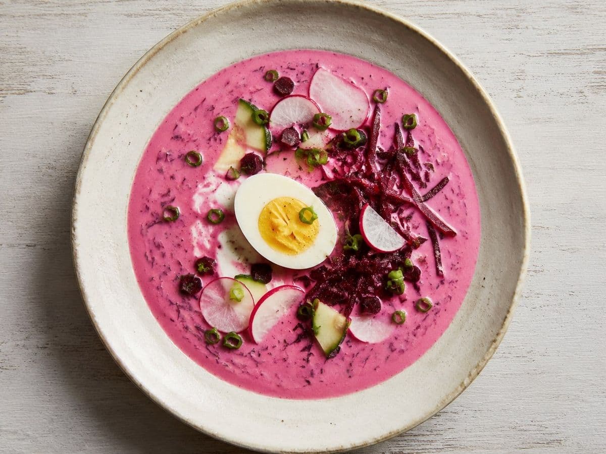 Chlodnik Cold Beetroot Soup, plated as one serving.