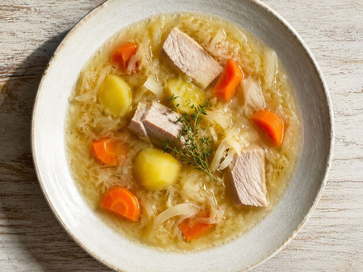 Kapusniak Sauerkraut Soup, plated as one serving.