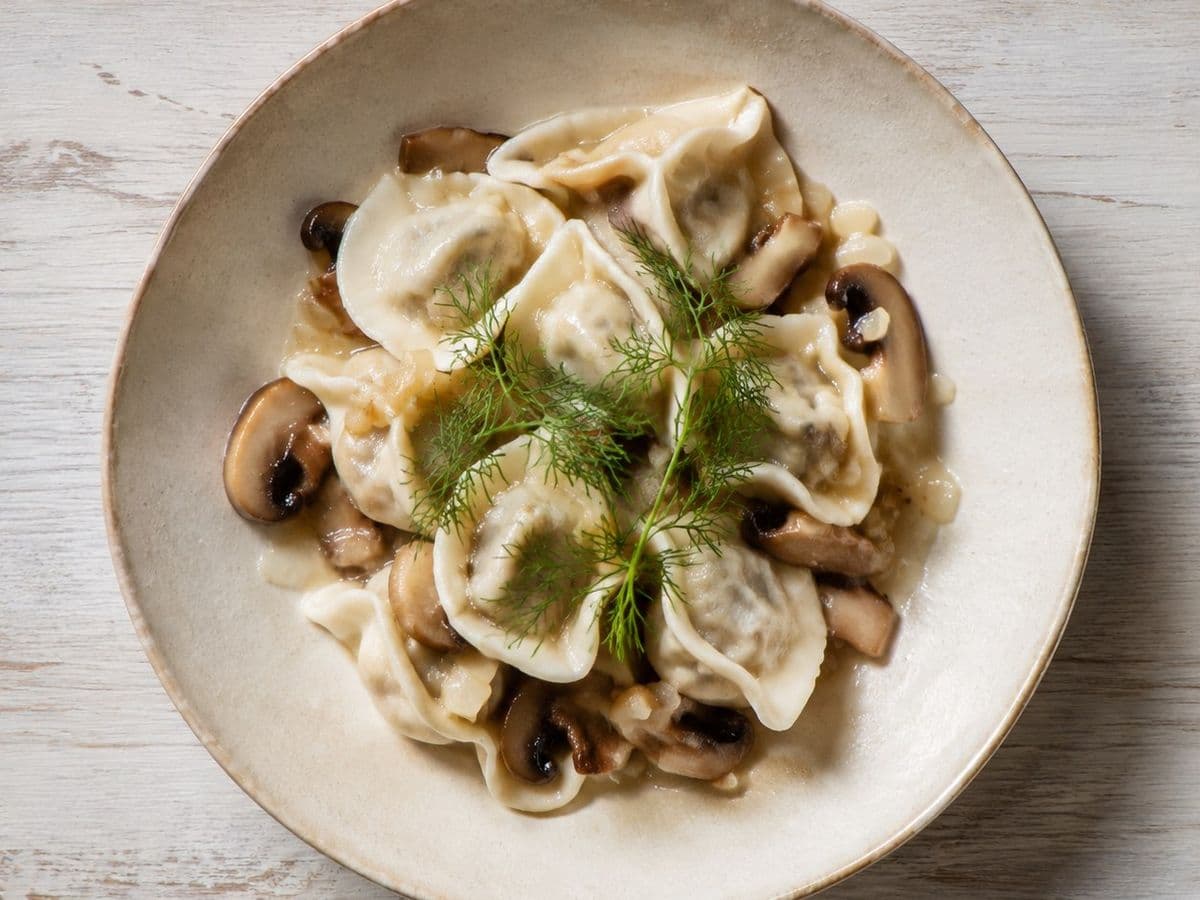 Uszka Mushroom Dumplings, plated as one serving.