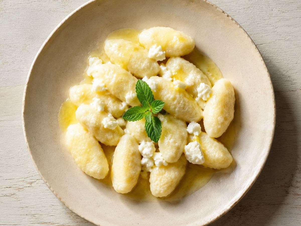 Leniwe Lazy Cheese Dumplings, plated as one serving.