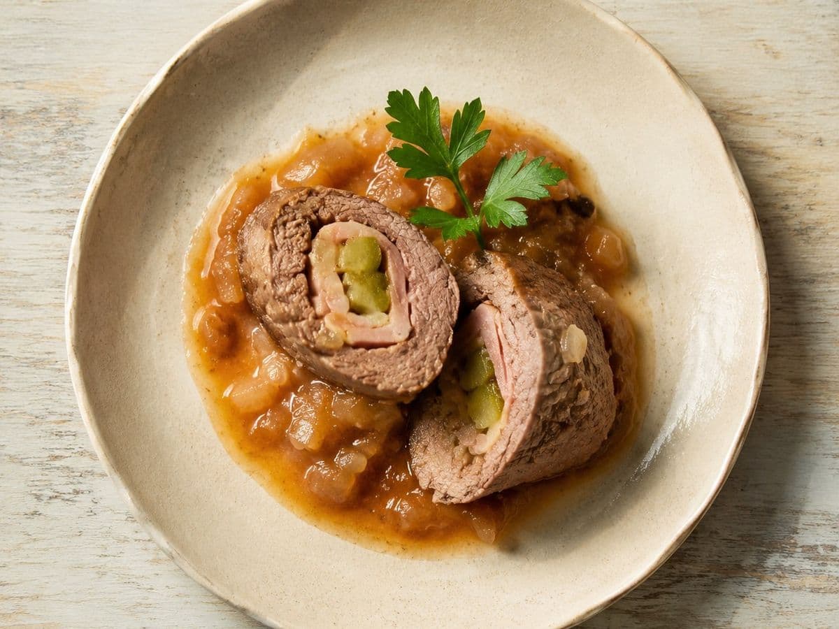 Zrazy Stuffed Beef Rolls, plated as one serving.