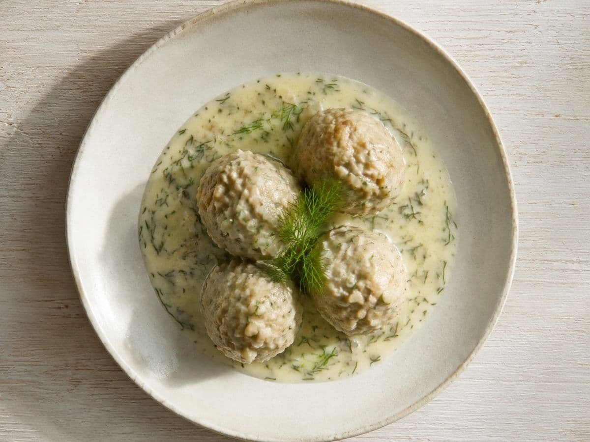 Klopsiki Meatballs in Dill Sauce, plated as one serving.
