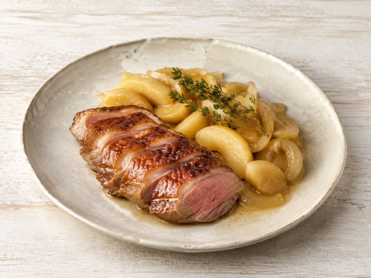 Kaczka z Jablkami Roast Duck, plated as one serving.
