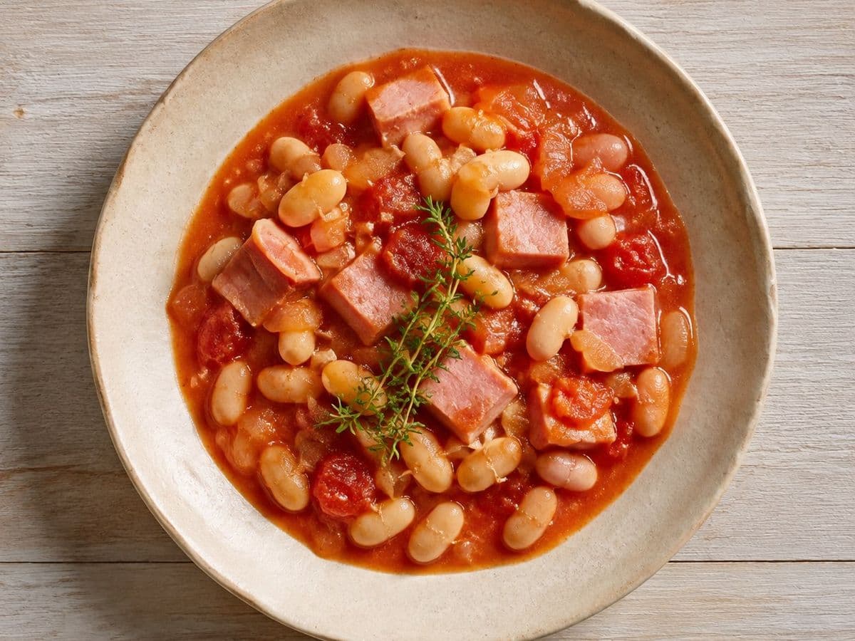 Fasolka po Bretonsku Beans and Sausage, plated as one serving.