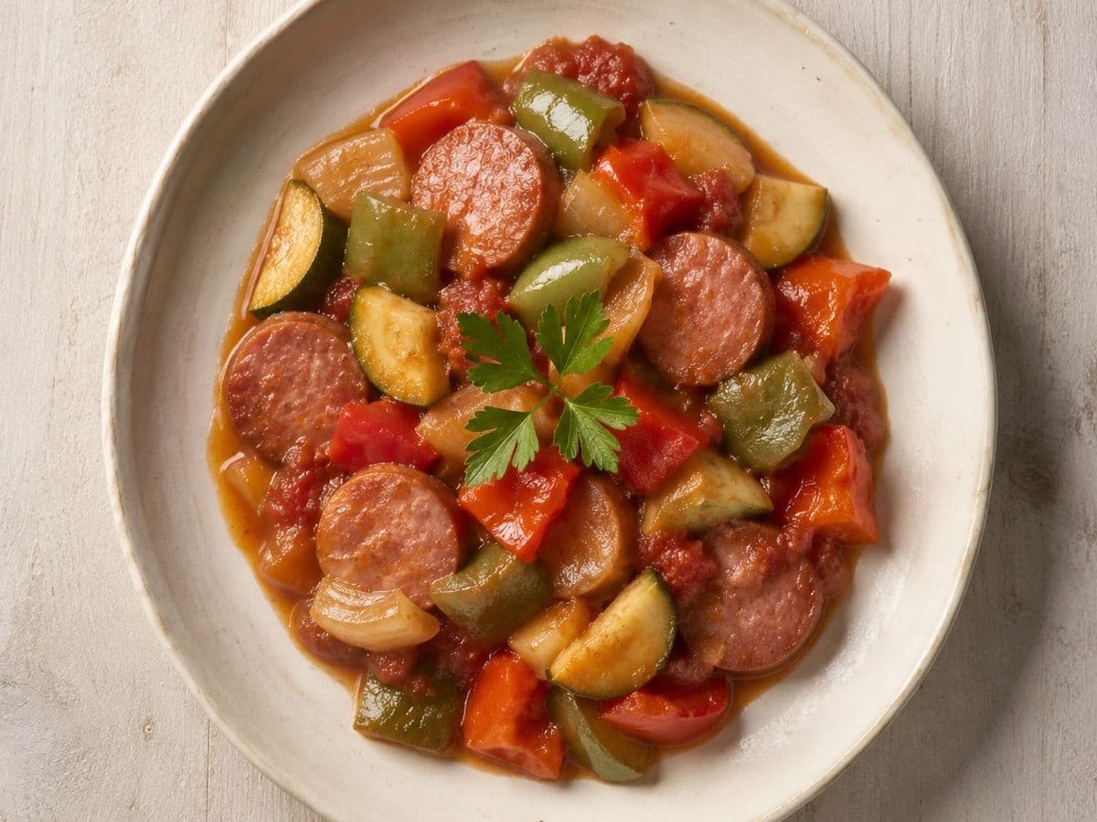 Leczo Sausage and Pepper Stew, plated as one serving.