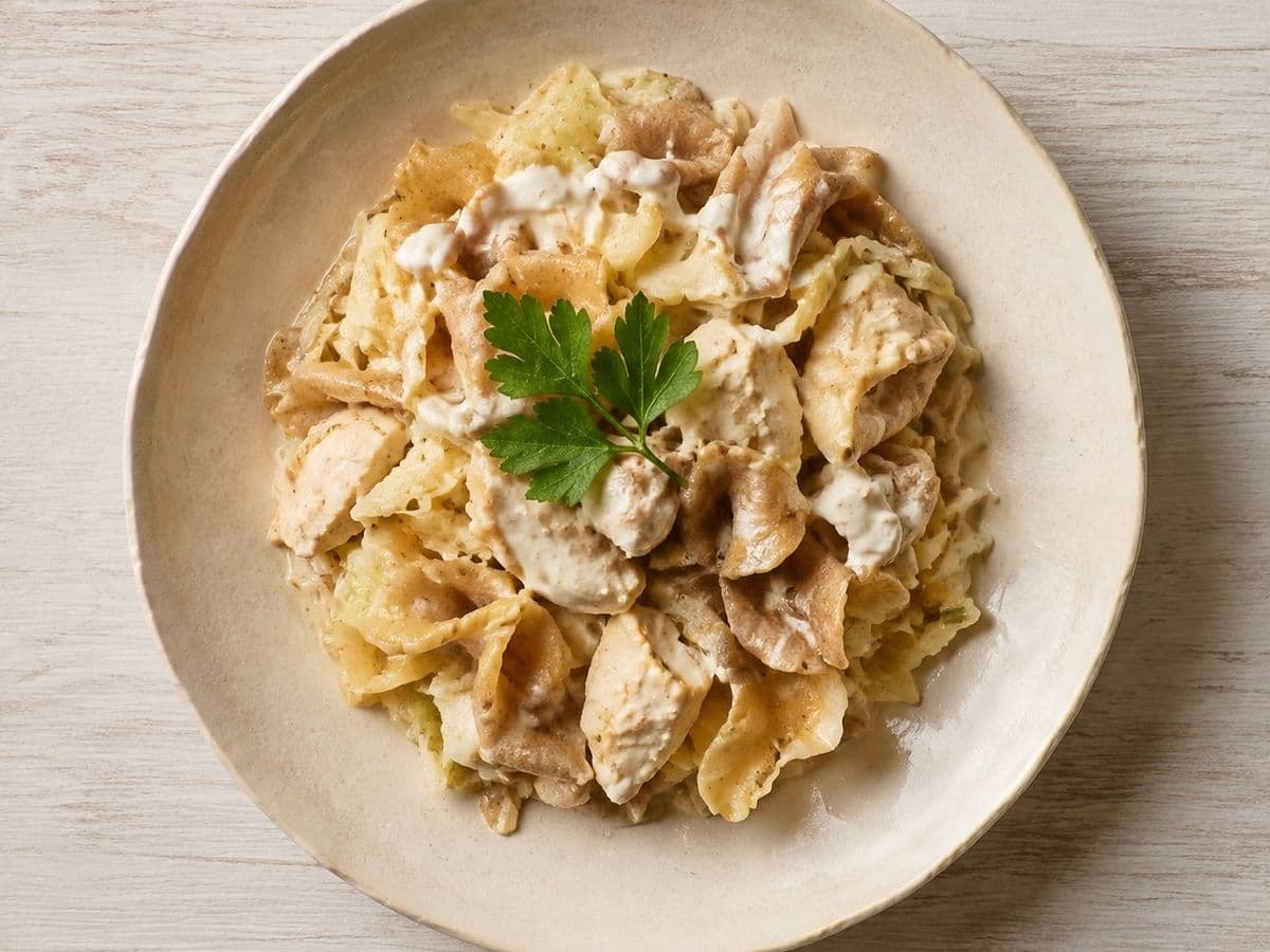 Lazanki Cabbage and Pork Pasta, plated as one serving.