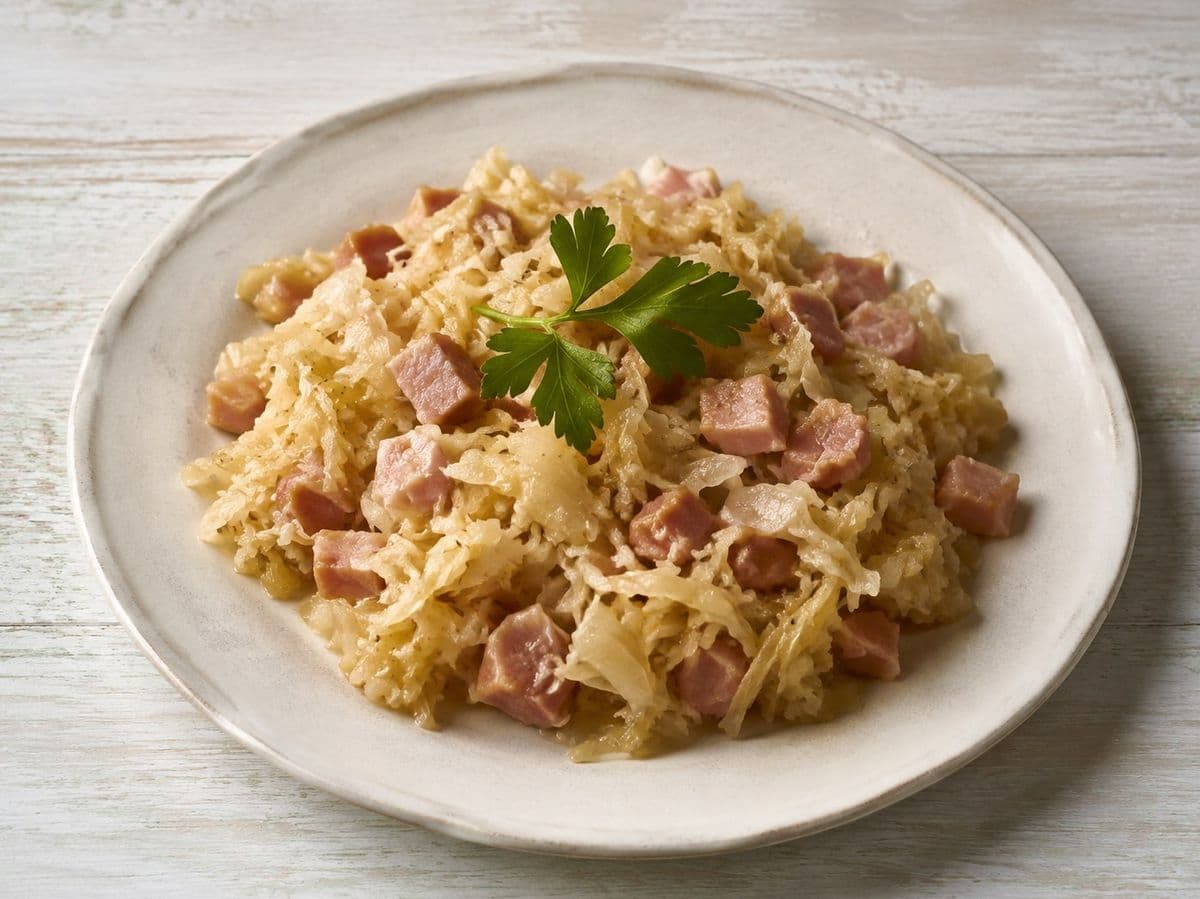 Kapusta Zasmazana Fried Sauerkraut, plated as one serving.