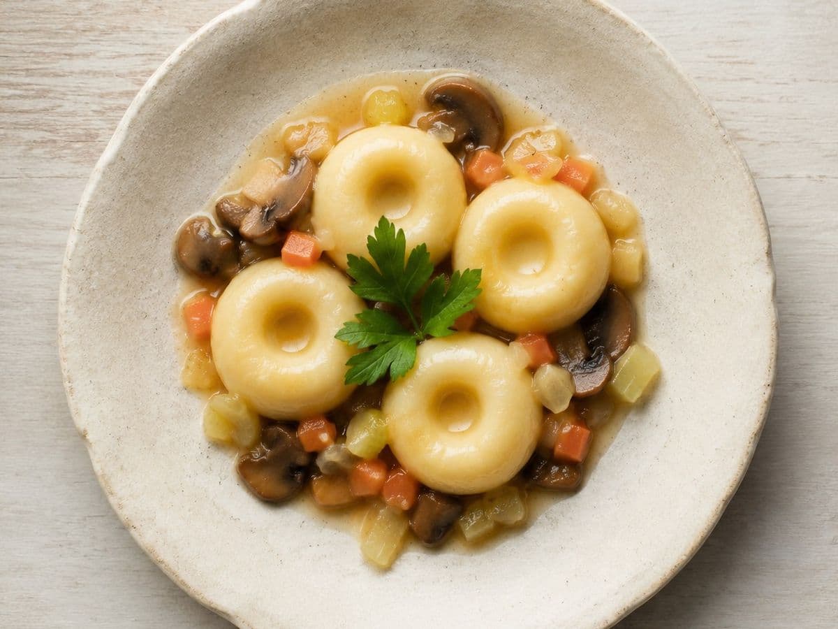 Kluski Slaskie Silesian Dumplings, plated as one serving.