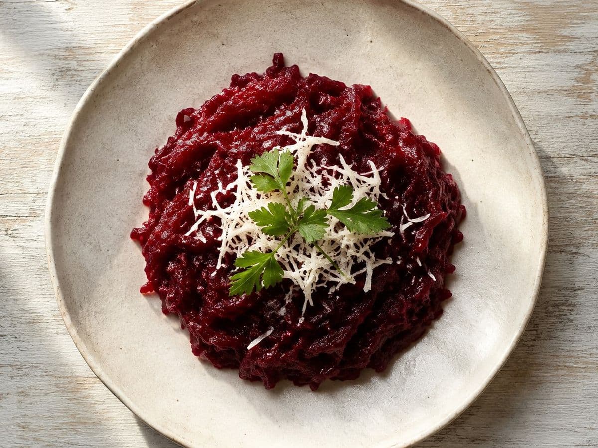 Cwikla Beetroot and Horseradish, plated as one serving.