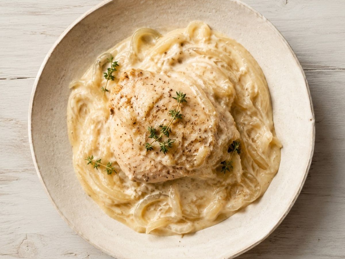 Smothered Chicken, plated as one serving.
