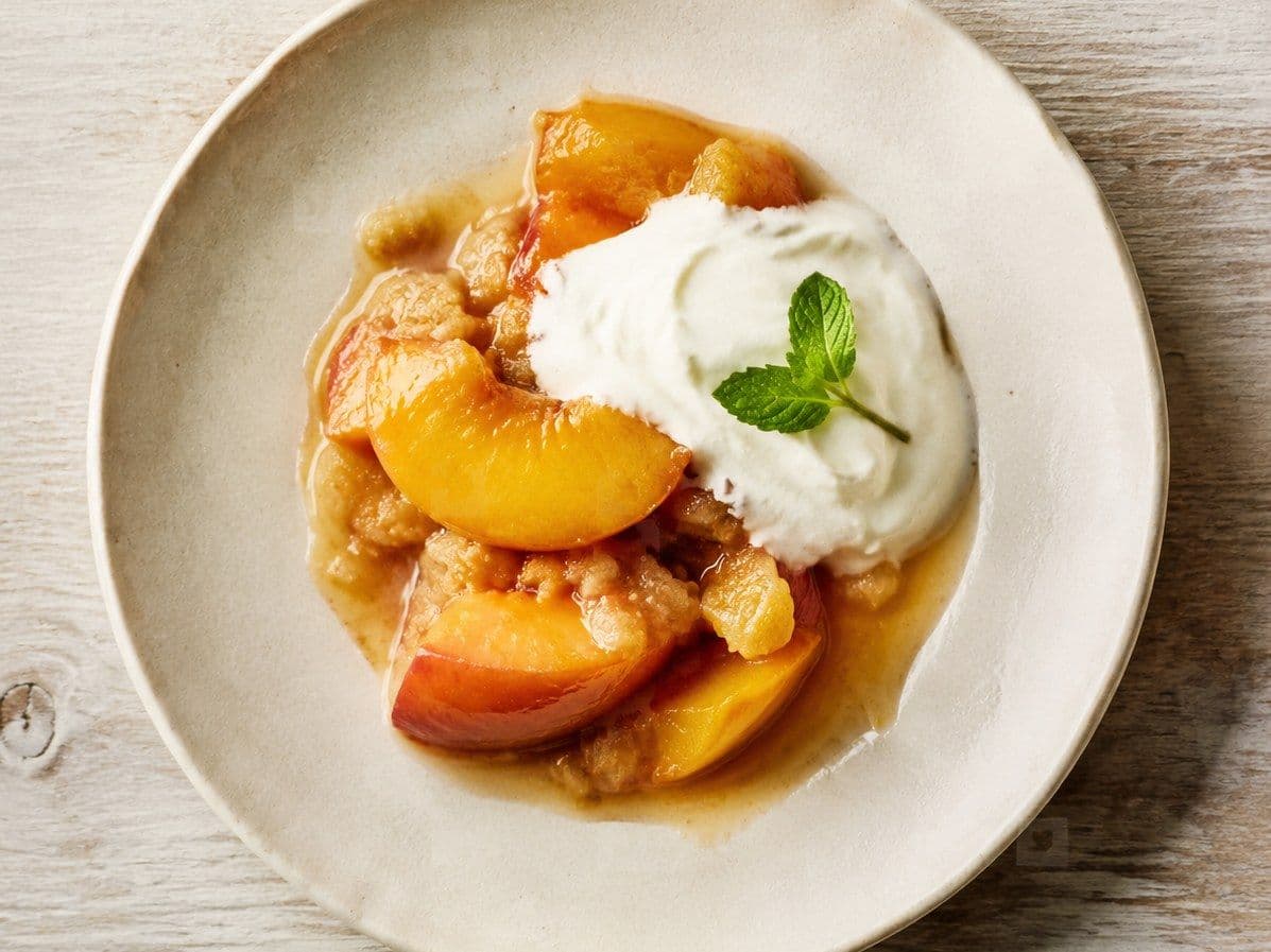 Peach Cobbler, plated as one serving.