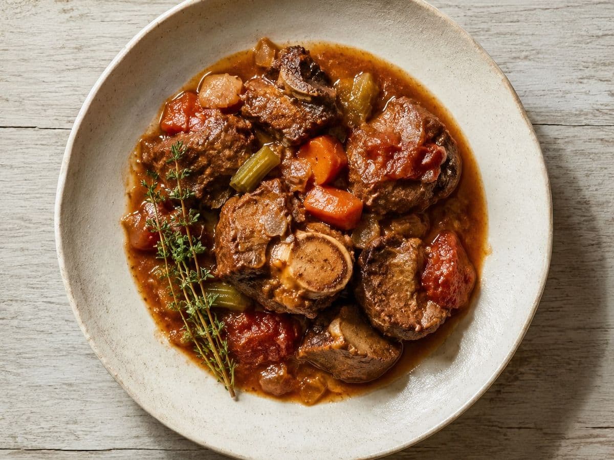 Oxtail Stew, plated as one serving.