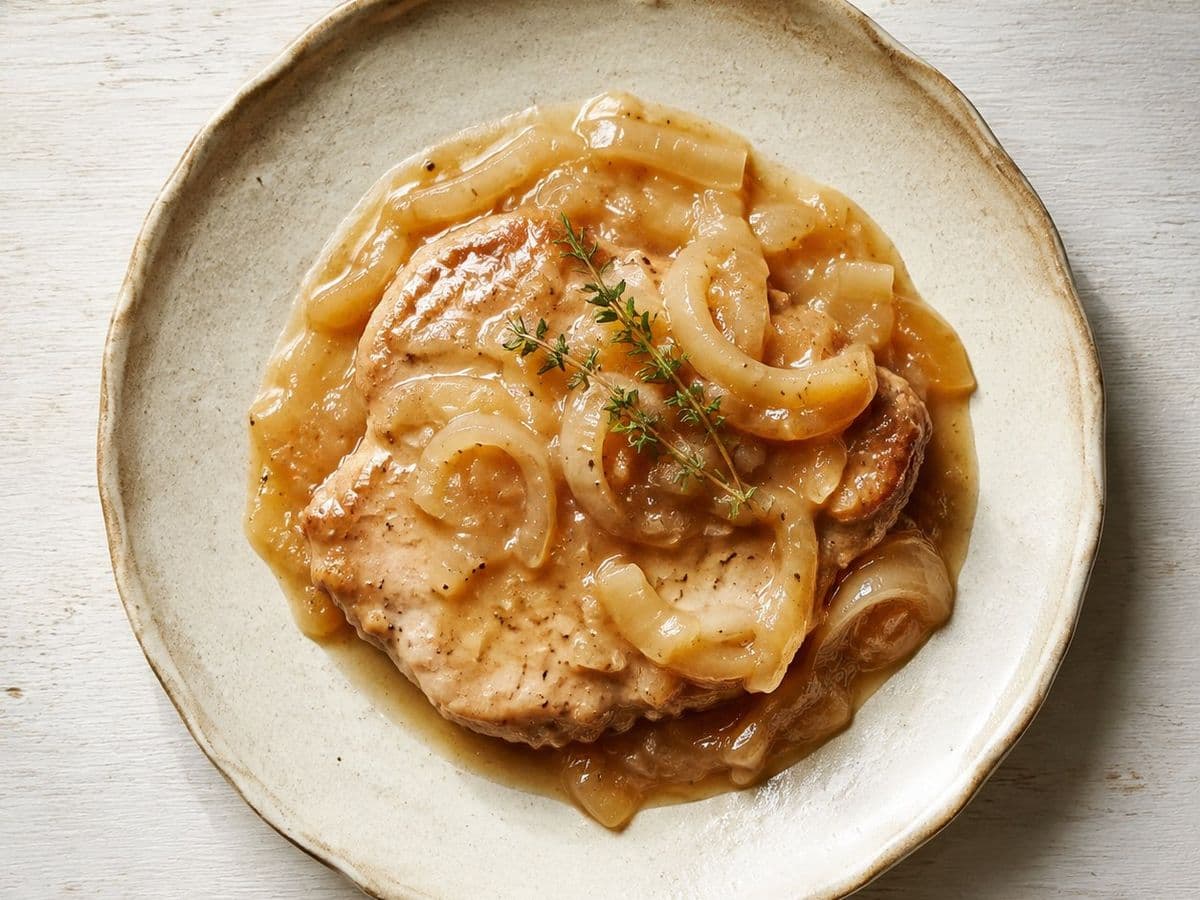 Smothered Pork Chops, plated as one serving.