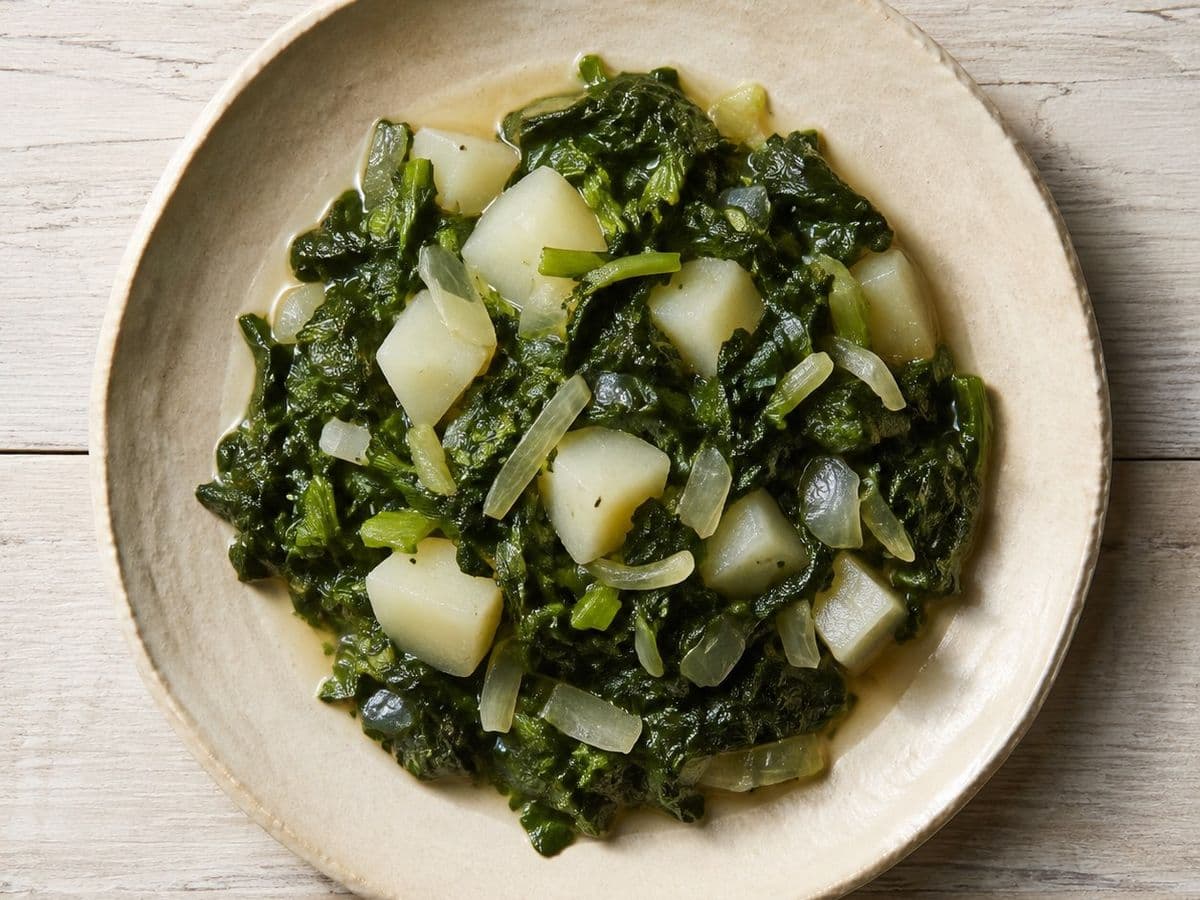 Turnip Greens with Diced Turnips, plated as one serving.