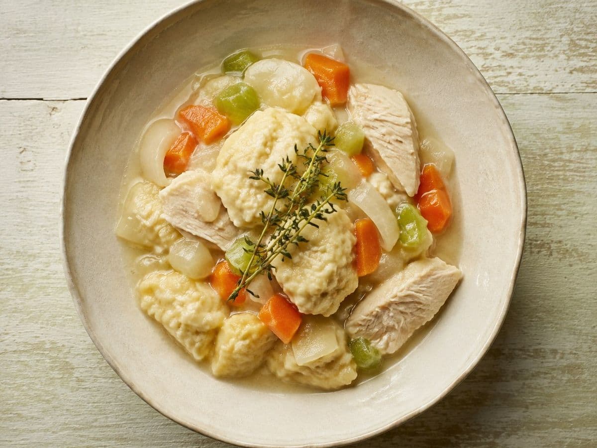 Chicken and Dumplings, plated as one serving.